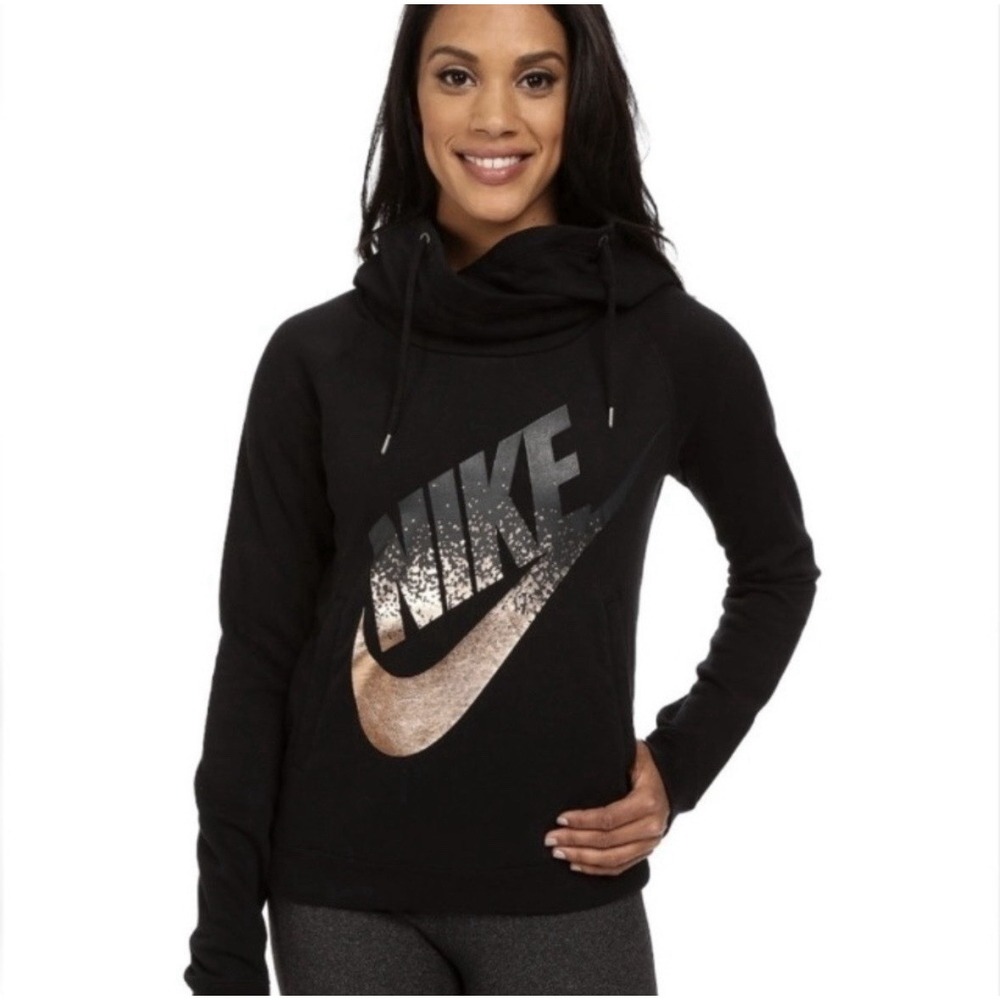 Nike Women's Rally Funnel Neck Pullover Hoodie Black Metallic Rose Gold Logo M